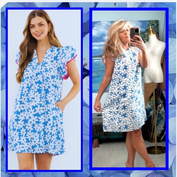 THML,Flower Print Ruffle-Sleeve Dress, Blue/White/Coral,Excellent Cond,Size Lrg - Picture 7 of 15